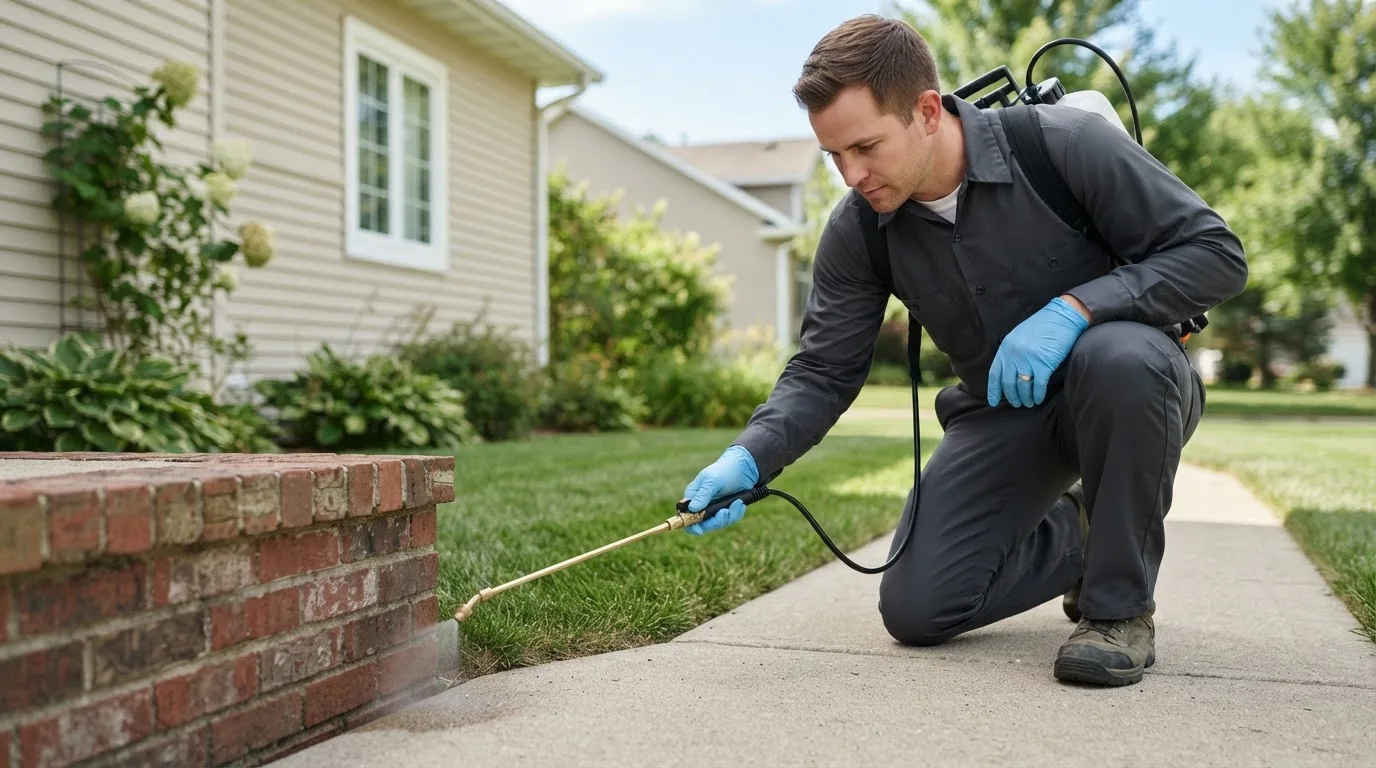 Pest control technician treating a home near Bowlus, MN